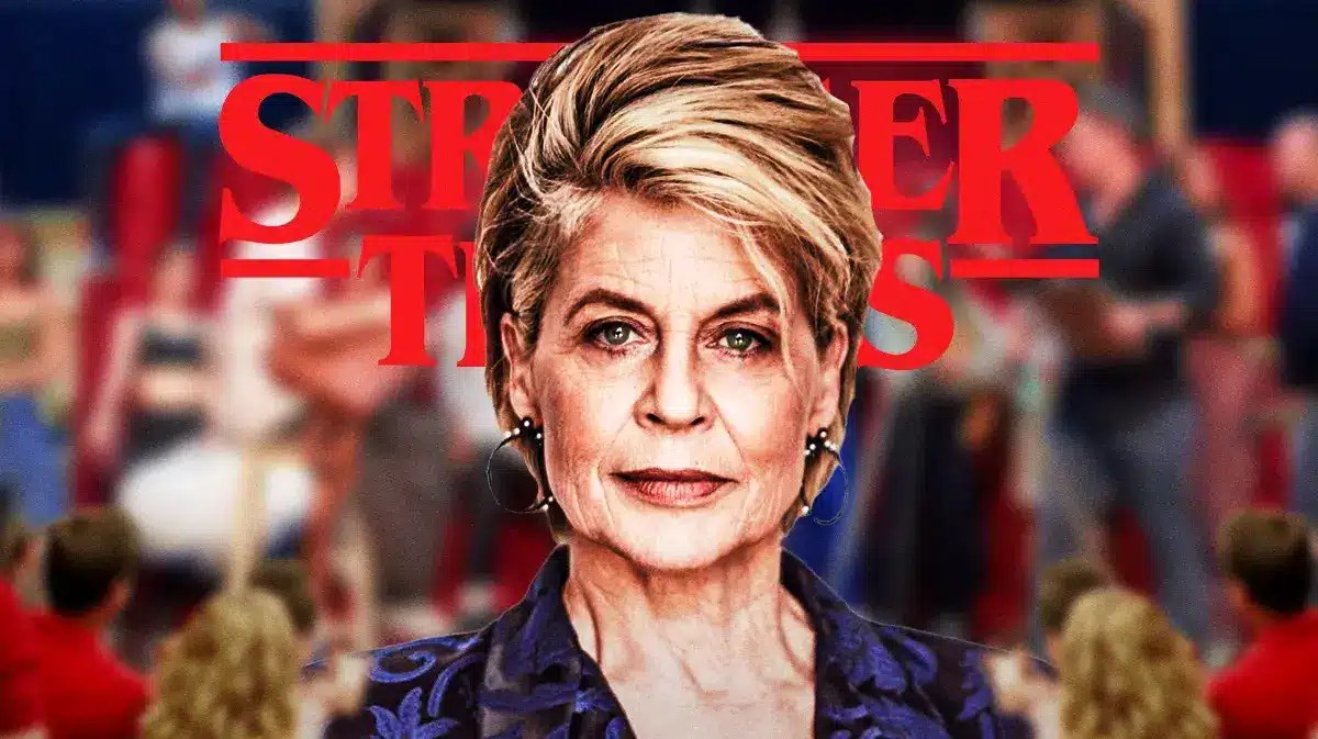 Linda Hamilton over the Stranger Things show logo
