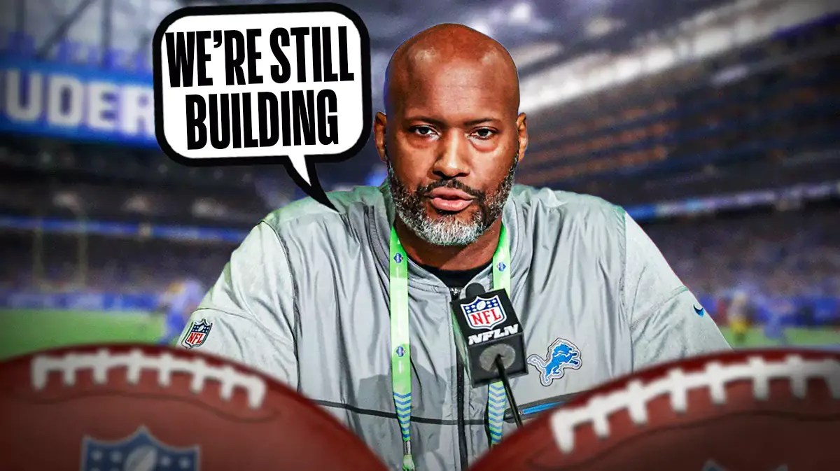 Brad Holmes saying “We’re still building” Lions Stadium in background