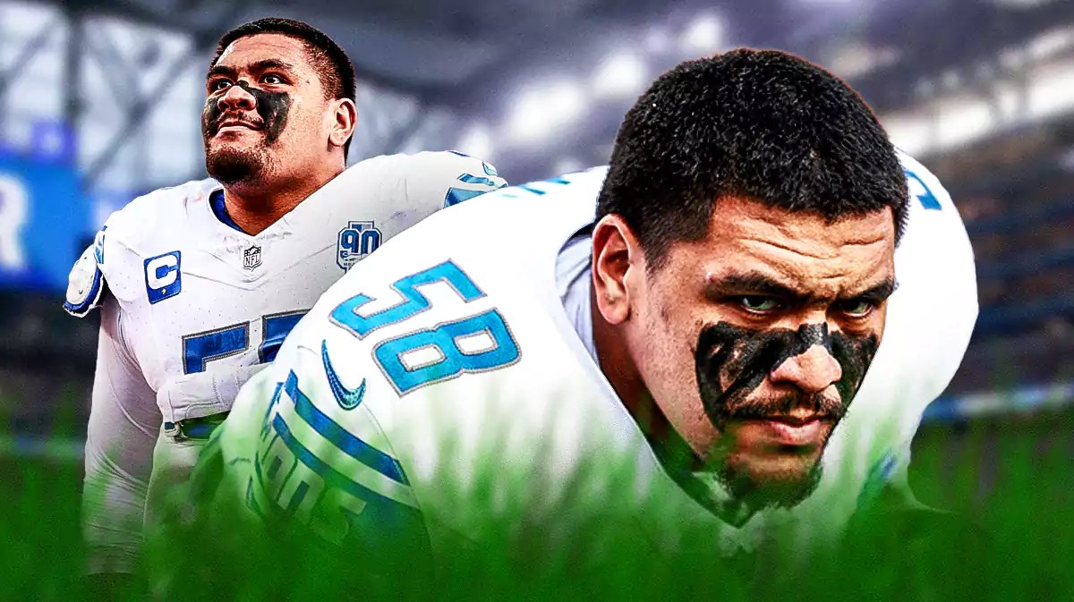 Lions, Penei Sewell, Dan Campbell, Penei Sewell Lions, Dan Campbell Lions, Penei Sewell in Lions uni with Lions stadium in the background
