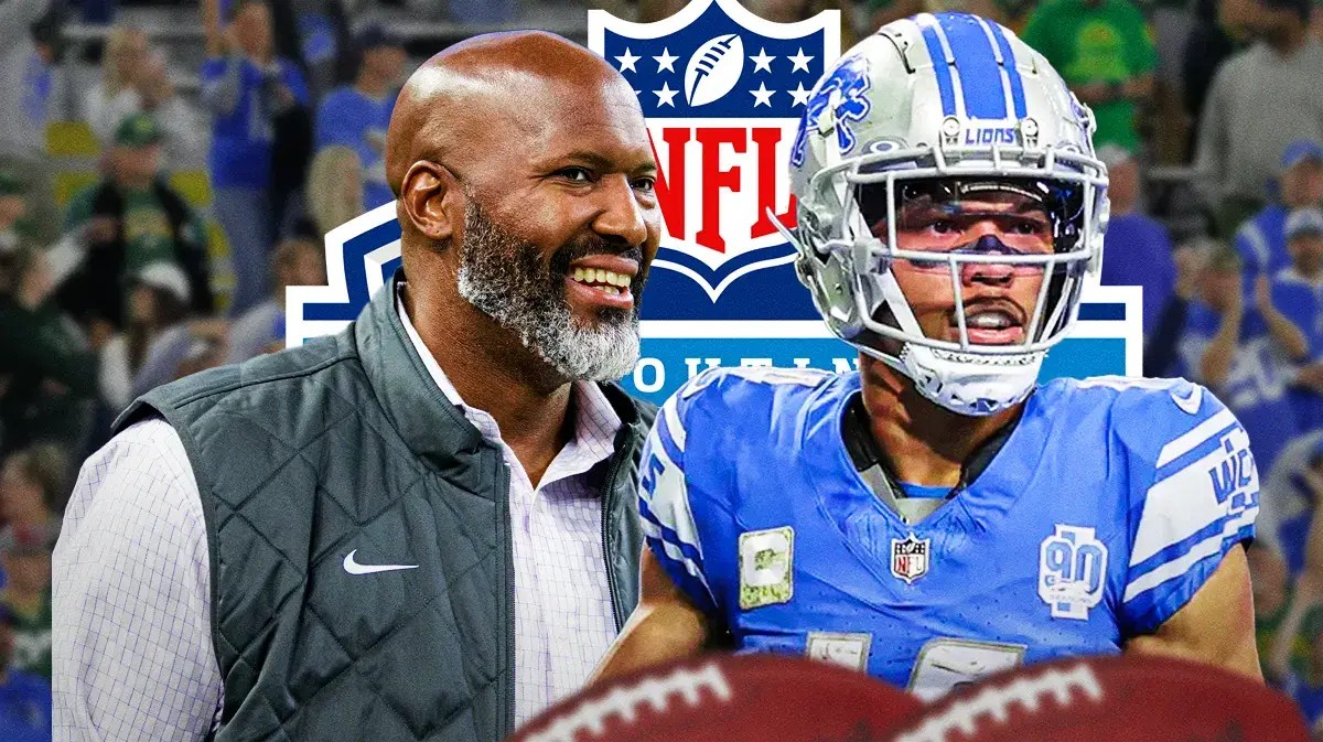 Lions WR Amon-Ra St Brown with Brad Holmes looking and NFL Combine logo behind.