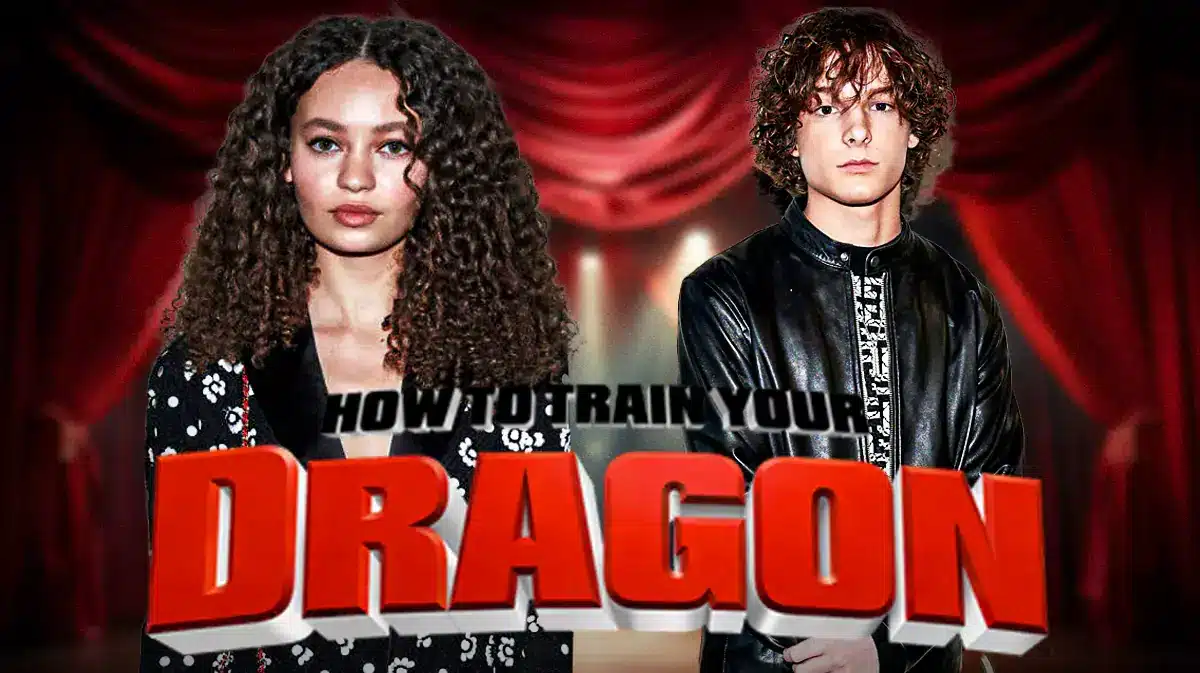 Nico Parker and Mason Thames with How to Train Your Dragon logo.