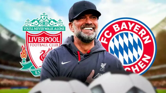 Jurgen Klopp in front of the Liverpool and Bayern Munich logos