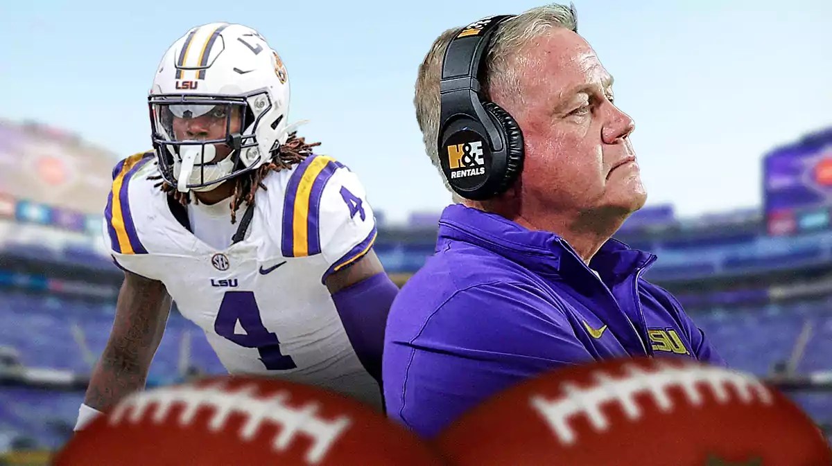 LSU football, Tigers, Brian Kelly, Harold Perkins, Harold Perkins LSU, Brian Kelly and Harold Perkins (in LSU uni) with LSU football stadium in the background