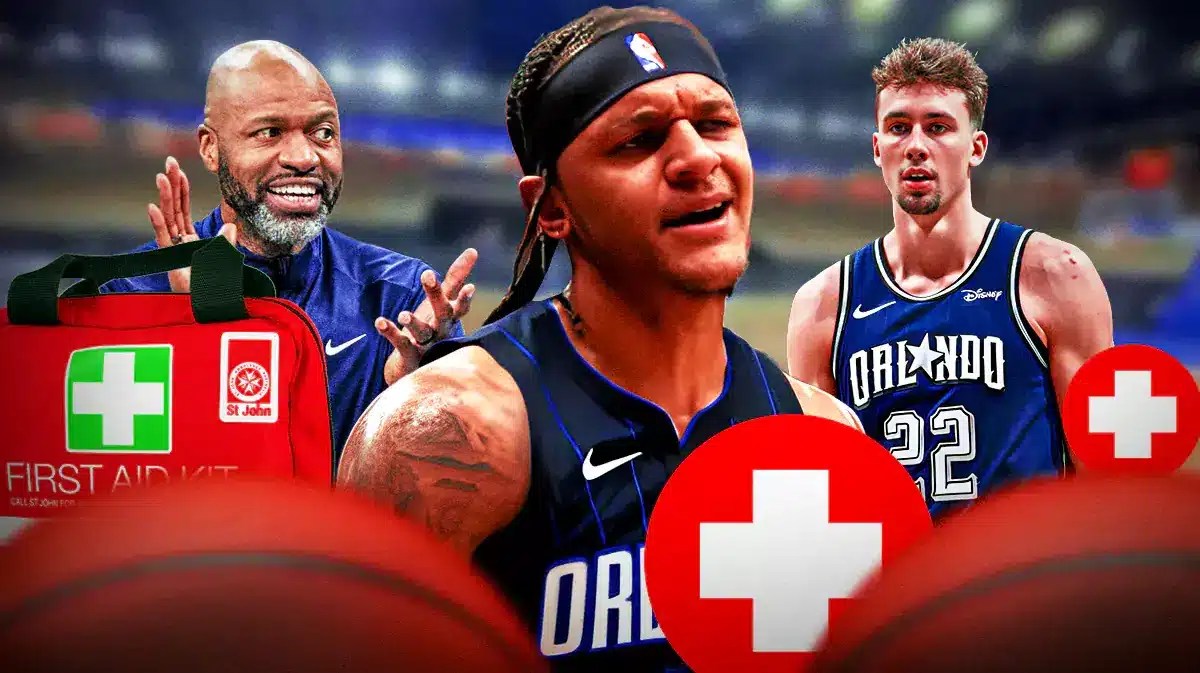 Magic's Paolo Banchero with injury symbol next to Jamahl Mosley and Franz Wagner