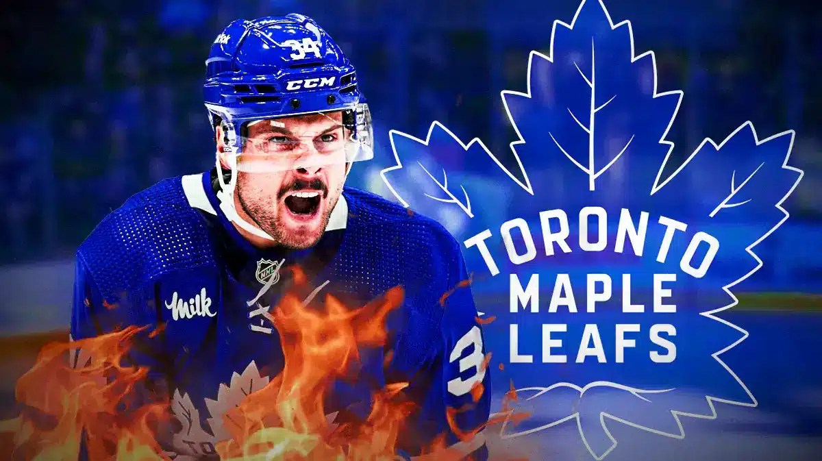 Auston Matthews in middle of image looking happy with fire all around him, hockey rink in background, TOR Maple Leafs logo
