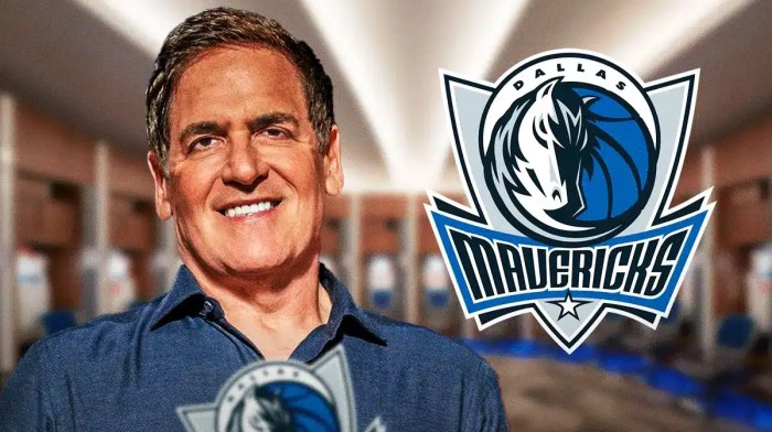 Mark Cuban on left. Mavericks' logo on right.