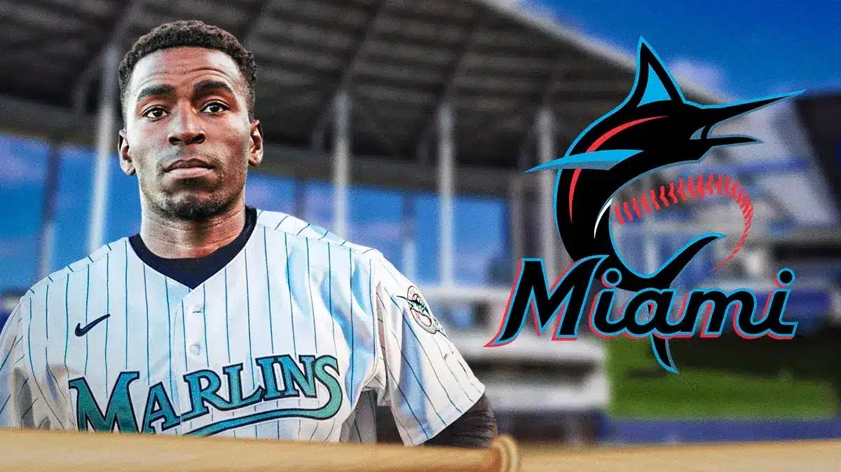 Nick Gordon wearing a Marlins jersey next to a Marlins logo at loanDepot Park