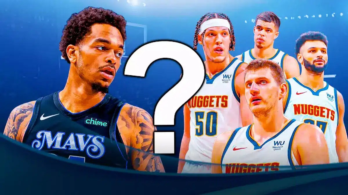 Mavericks' PJ Washington Jr on left. Question mark in middle. Nuggets' Nikola Jokic, Nuggets' Jamal Murray, Nuggets' Aaron Gordon, and Nuggets' Michael Porter Jr. on right.