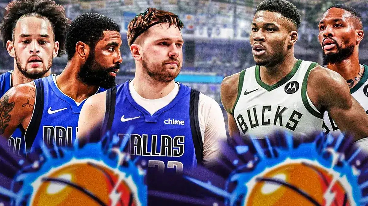 Mavericks' Luka Doncic, Mavericks' Kyrie Irving, and Mavericks' Dereck Lively II all looking serious on left. Bucks' Giannis Antetokounmpo, Bucks' Damian Lillard looking at them on right.