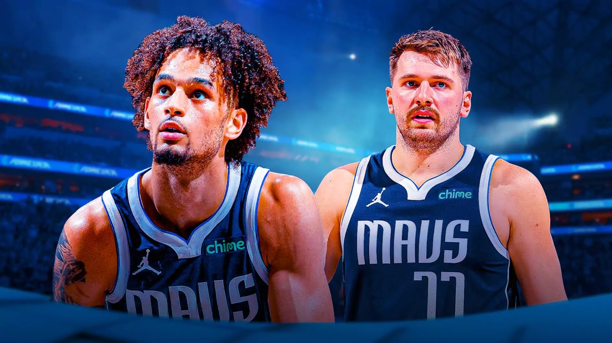 Dereck Lively II alongside Luka Doncic with the Mavs arena in the background, NBA All-Star Weekend.