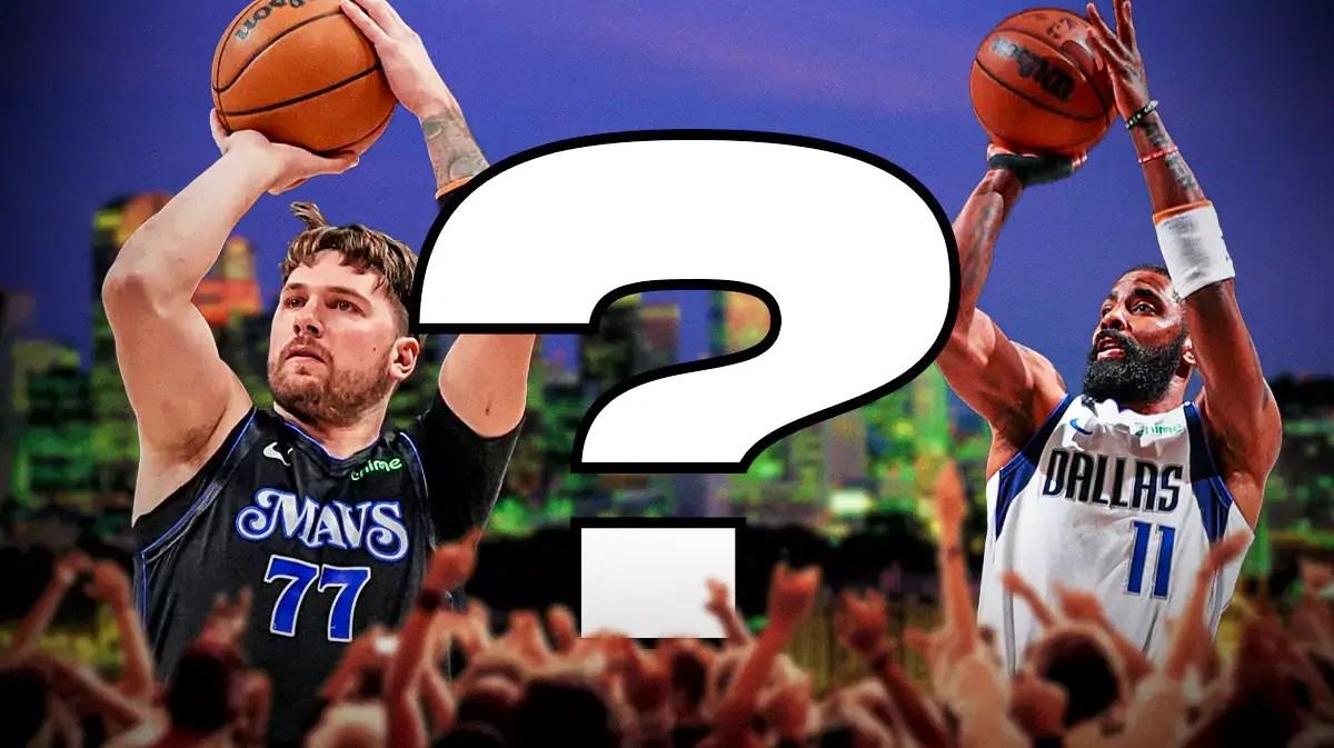Mavericks' Luka Doncic on left shooting a basketball. Mavericks' Kyrie Irving on right shooting a basketball. Question mark in middle.