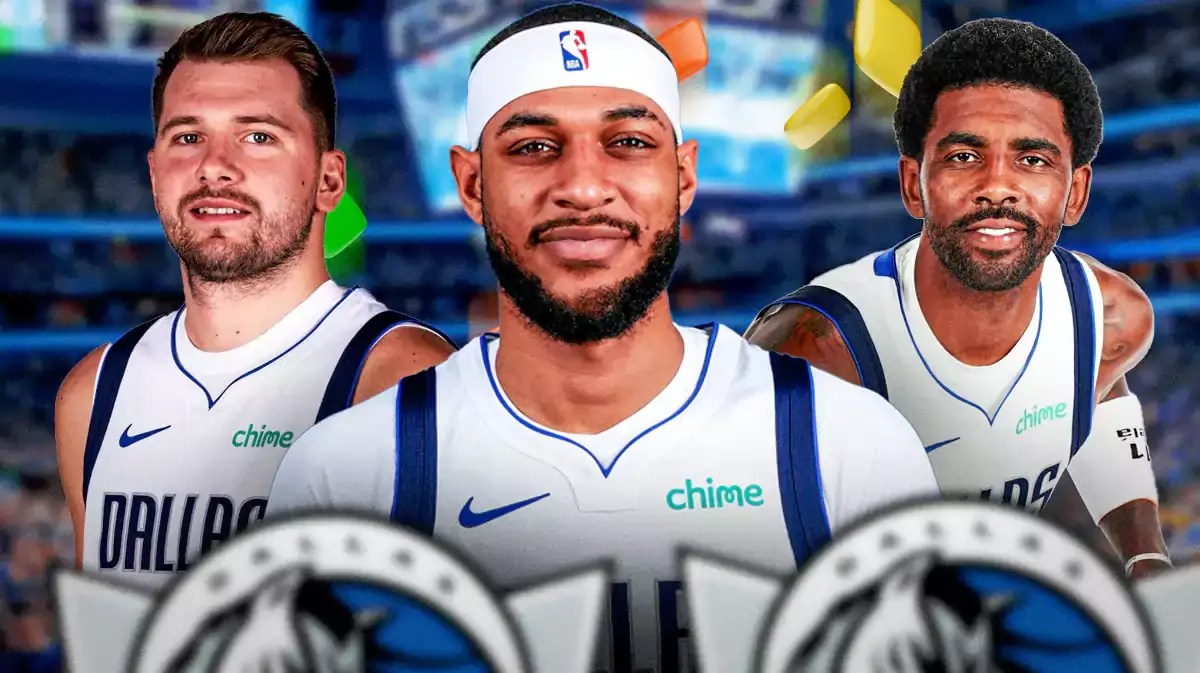 Dallas Mavericks Daniel Gafford, Luka Doncic, and Kyrie Irving