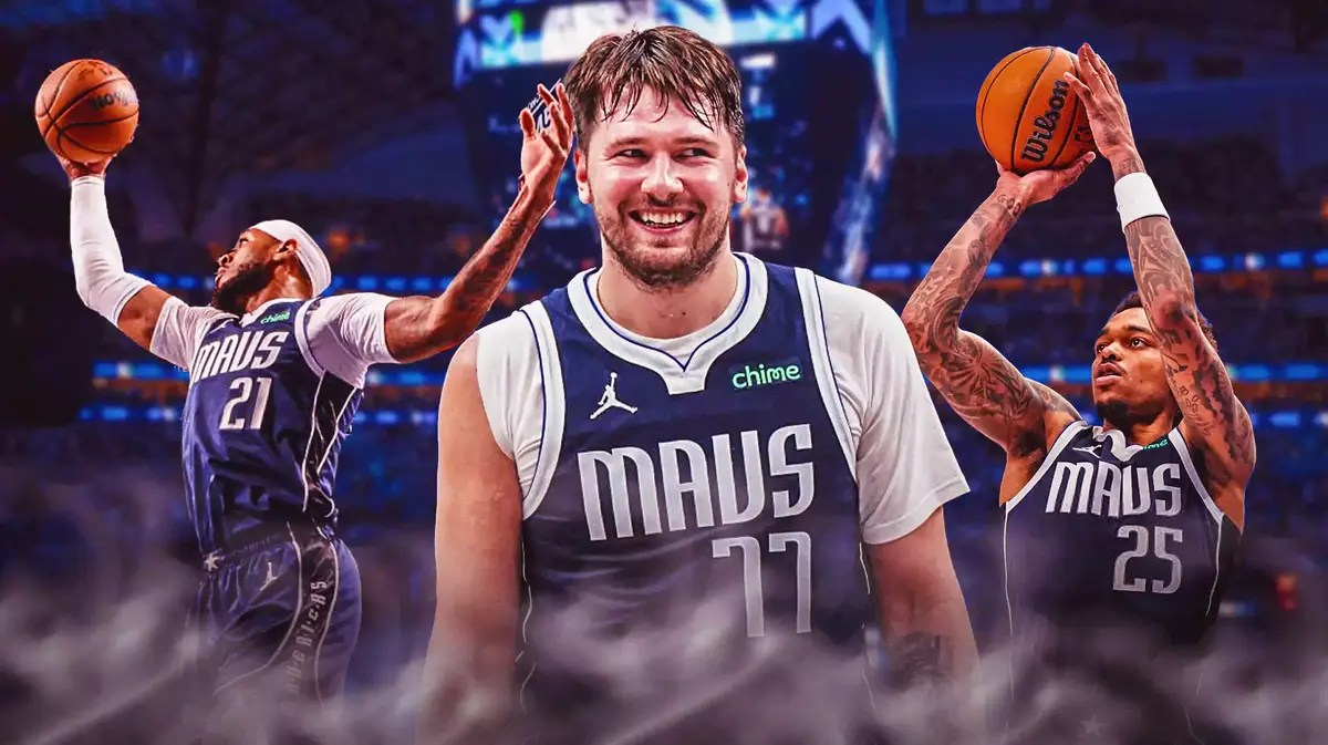 Mavericks' Luka Doncic smiling with Mavericks' Daniel Gafford dunking a basketball, Mavericks' PJ Washington Jr. shooting a basketball.