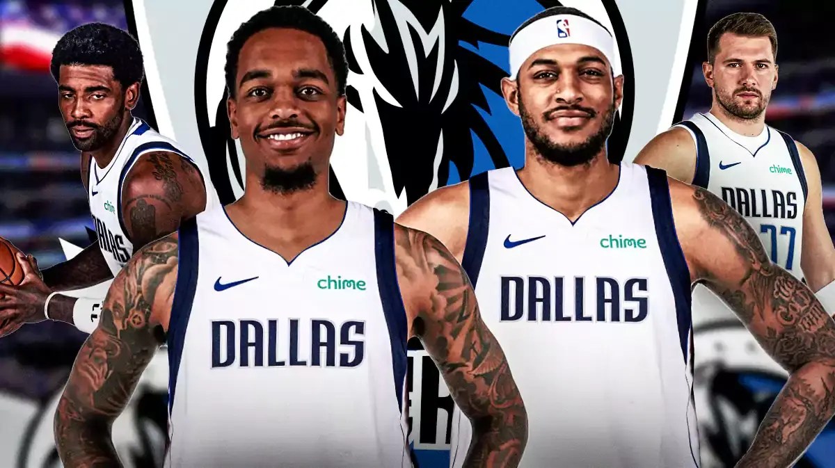 Mavericks' PJ Washington, Mavericks' Daniel Gafford (in Mavericks uniforms) both looking serious in front. Place Mavericks' Luka Doncic, Mavericks' Kyrie Irving in background also looking serious. Mavs' logo somewhere in image.