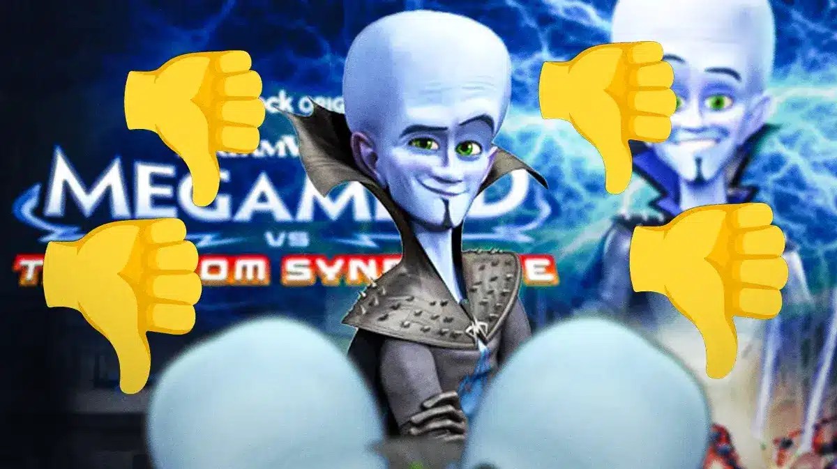 Megamind in front of sequel's logo and multiple thumbs down images