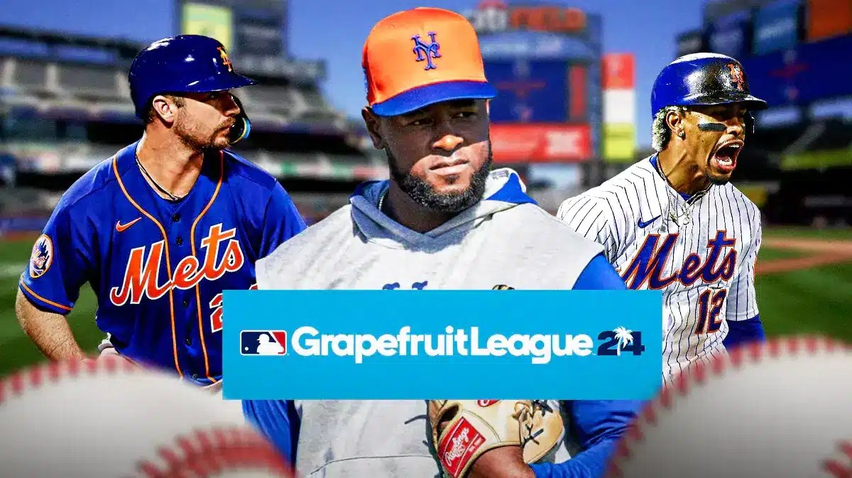 Luis Severino, Pete Alonso, Francisco Lindor all together with Mets logo in the background and Grapefruit League logo in the front.