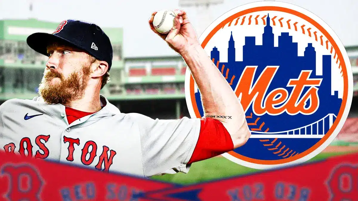 Jake Diekman pitching a baseball in a Red Sox uniform next to the New York Mets' logo.