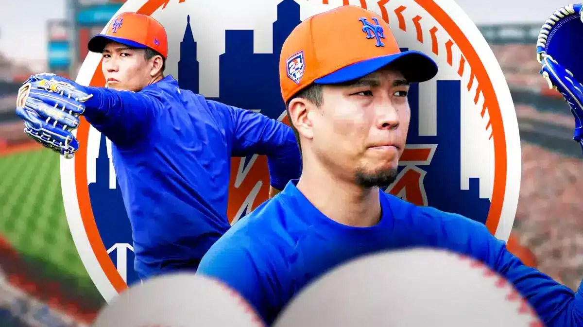 Mets' Kodai Senga looking serious in front. Citi Field background.