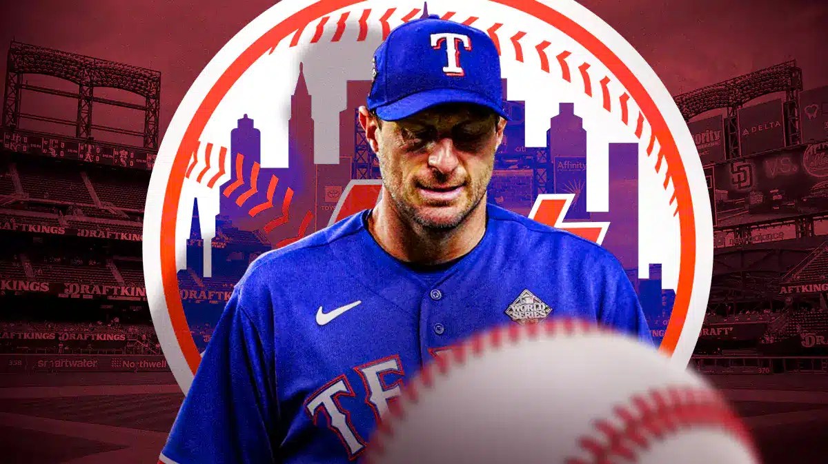 Rangers, Mets, Max Scherzer, Max Scherzer Mets, Max Scherzer Rangers, Max Scherzer in Rangers uni with Mets stadium in the background