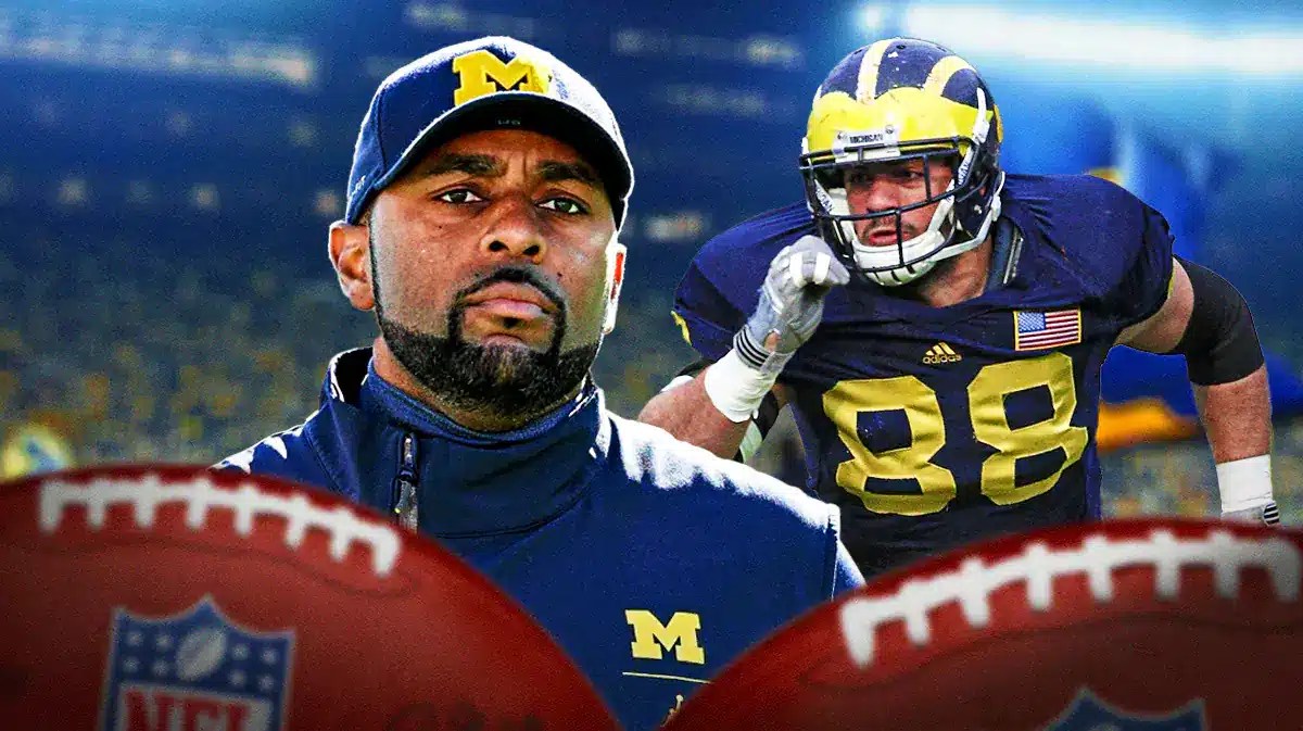 Michigan football, Wolverines, Sherrone Moore, Craig Roh, Craig Roh Michigan, Sherrone Moore and Craig Roh (in Michigan uni) with Michigan football stadium in the background