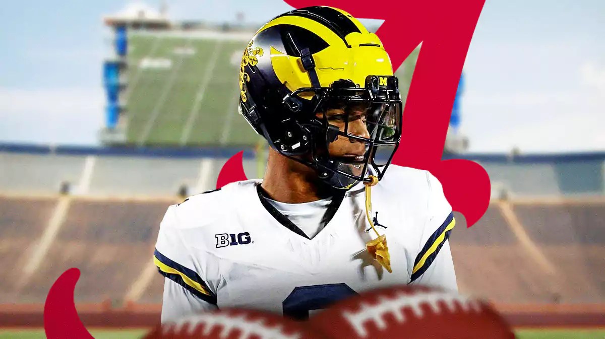 Michigan football, Wolverines, Will Johnson, Alabama football, Crimson Tide, Will Johnson in Michigan uni and Alabama logo with Michigan football stadium in the background