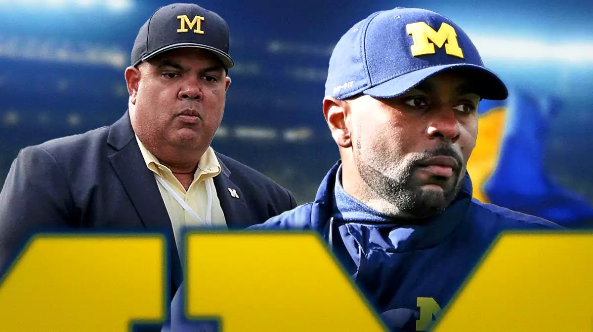 Michigan football, Wolverines, Sherrone Moore, Warde Manuel, Altius Sports, Sherrone Moore and Warde Manuel with Michigan football stadium in the background