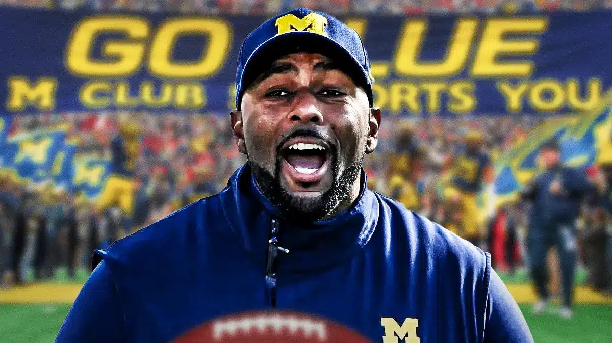 Michigan football, Wolverines, Transfer portal, Michigan transfer portal, Josh Priebe, Sherrone Moore with Michigan football stadium in the background