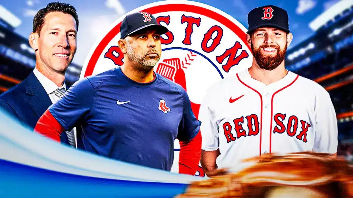 Jordan Montgomery in Red Sox uniform on left. Alex Cora (Red Sox manager) and Craig Breslow (Red Sox GM) on right. Place the Red Sox logo in background.