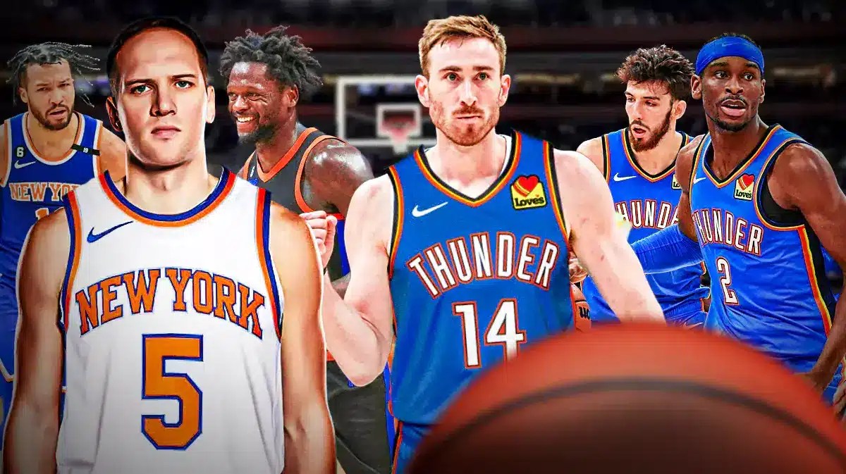 Bojan Bogdanovic in Knicks uniform next to Julius Randle and Jalen Brunson; Gordon Hayward in Thunder uniform next to Shai Gilgeous-Alexander and Chet Holmgren