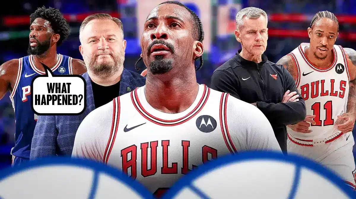 Andre Drummond with BIlly Donovan and DeMar DeRozan. Joel Embiid and Daryl Morey saying "What happened?"