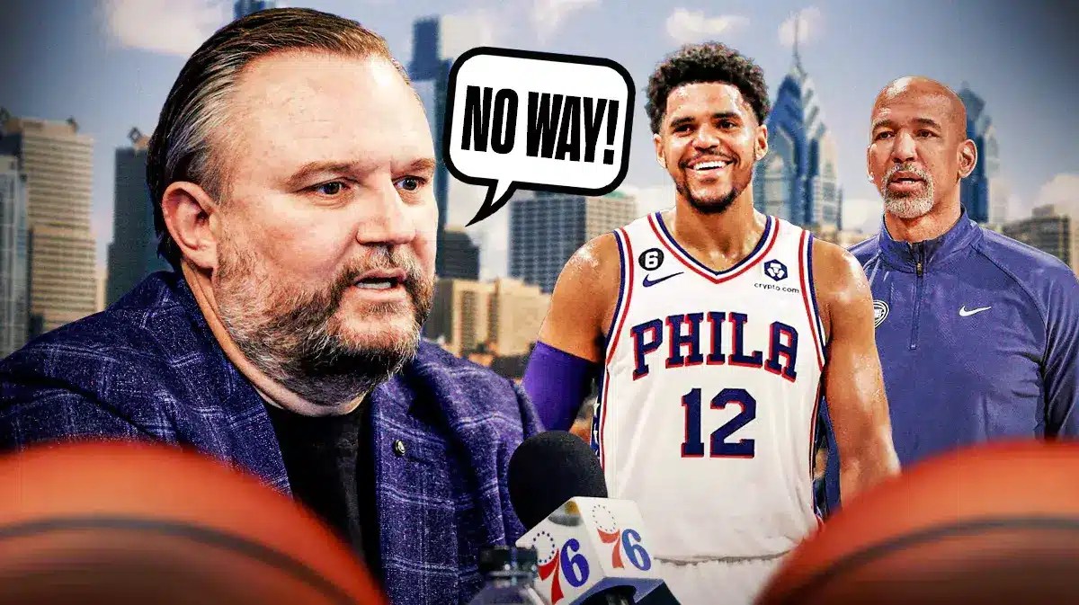 76ers' Daryl Morey and Tobias Harris with Pistons' Monty Williams