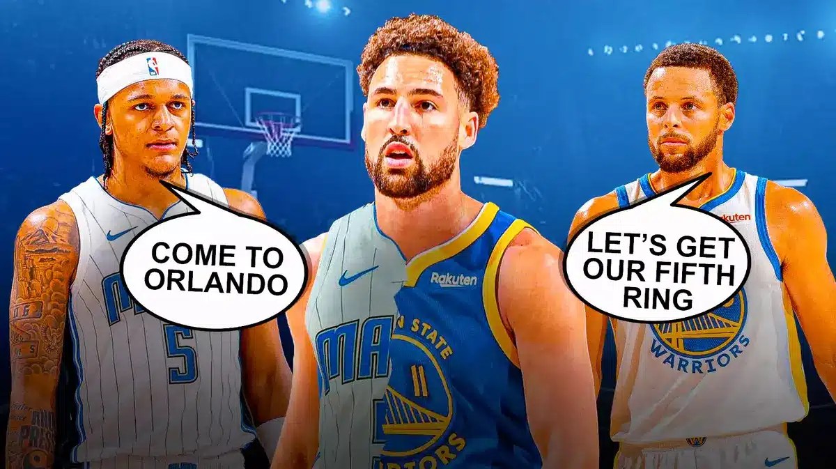 Klay Thompson in half Magic, half Warriors uniform. Paolo Banchero saying "Come to Orlando." Stephen Curry saying "Let's get our fifth ring"