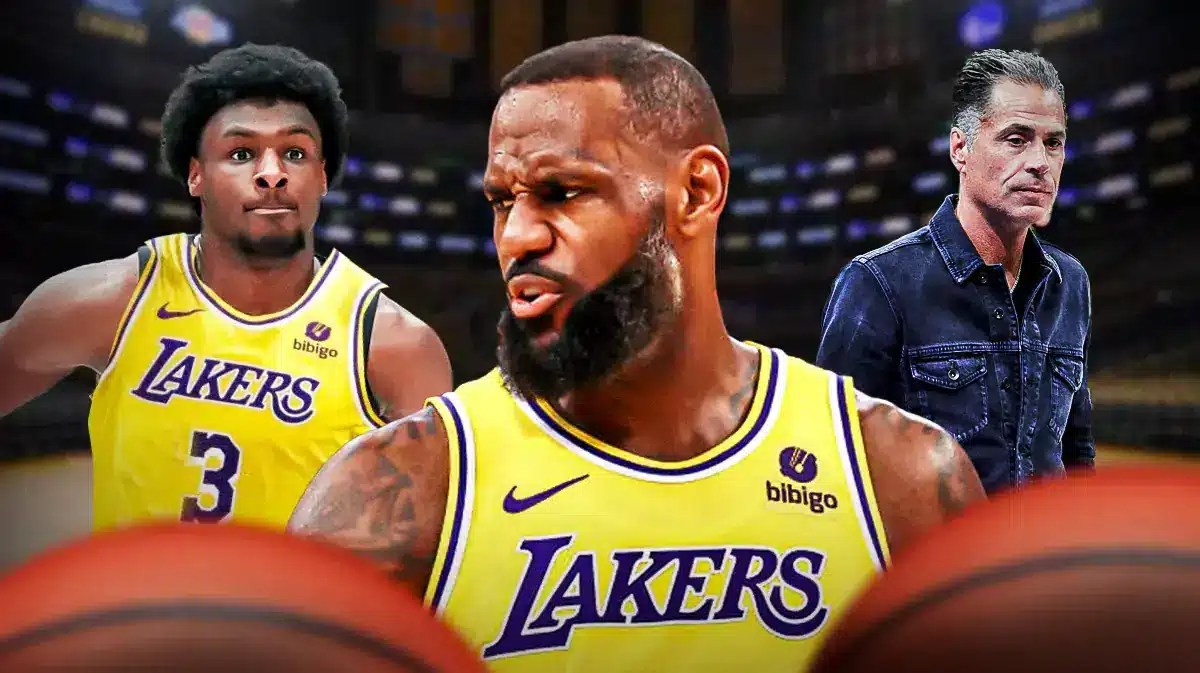 LeBron James and Bronny James in Lakers uniform next to Rob Pelinka