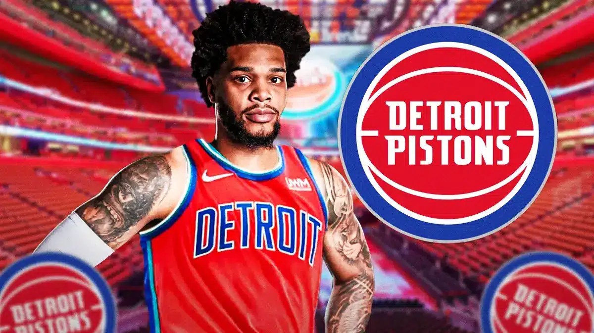 Miles Bridges wearing a Pistons jersey next to a Pistons logo.