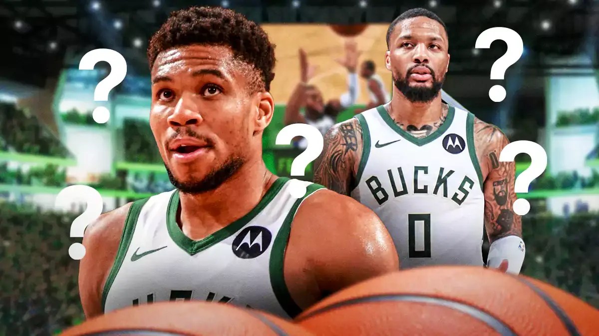 Bucks' Giannis Antetokounmpo, Bucks' Damian Lillard in image. Question marks everywhere.