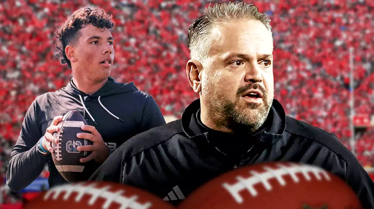 Nebraska football's Dylan Raiola with Matt Rhule looking on.