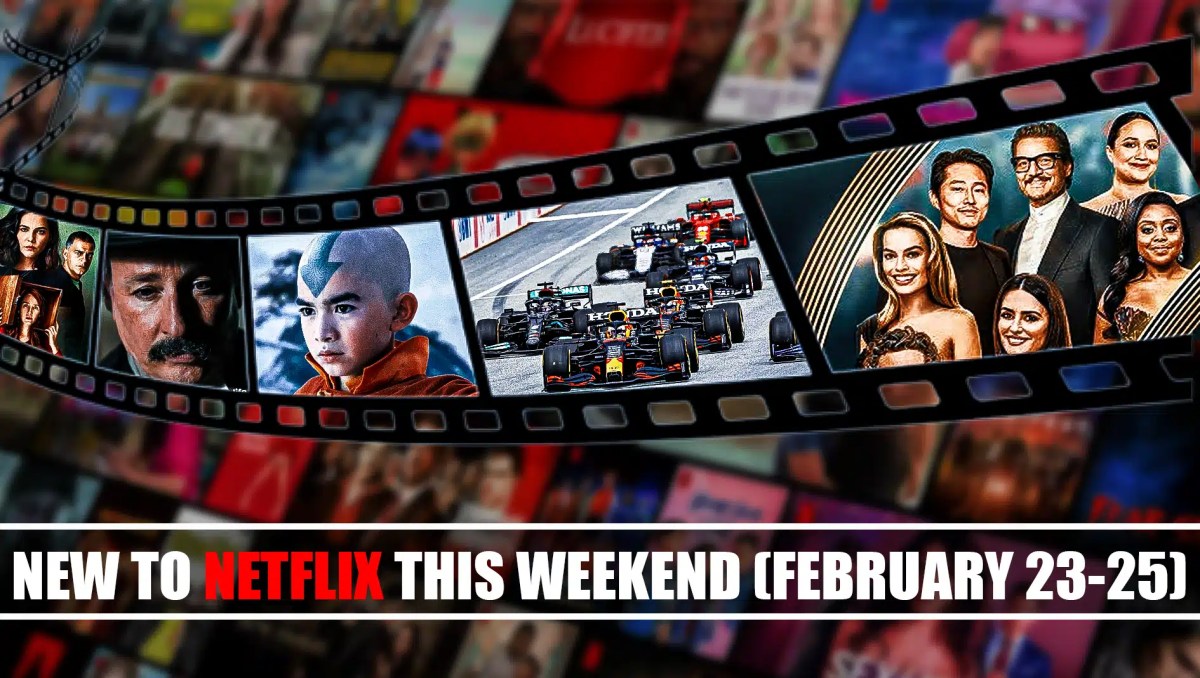 A film reel with Avatar: The Last Airbender, F1 Formula One, Screenwriters Guild, New to Netflix this weekend February 23-25, 2024