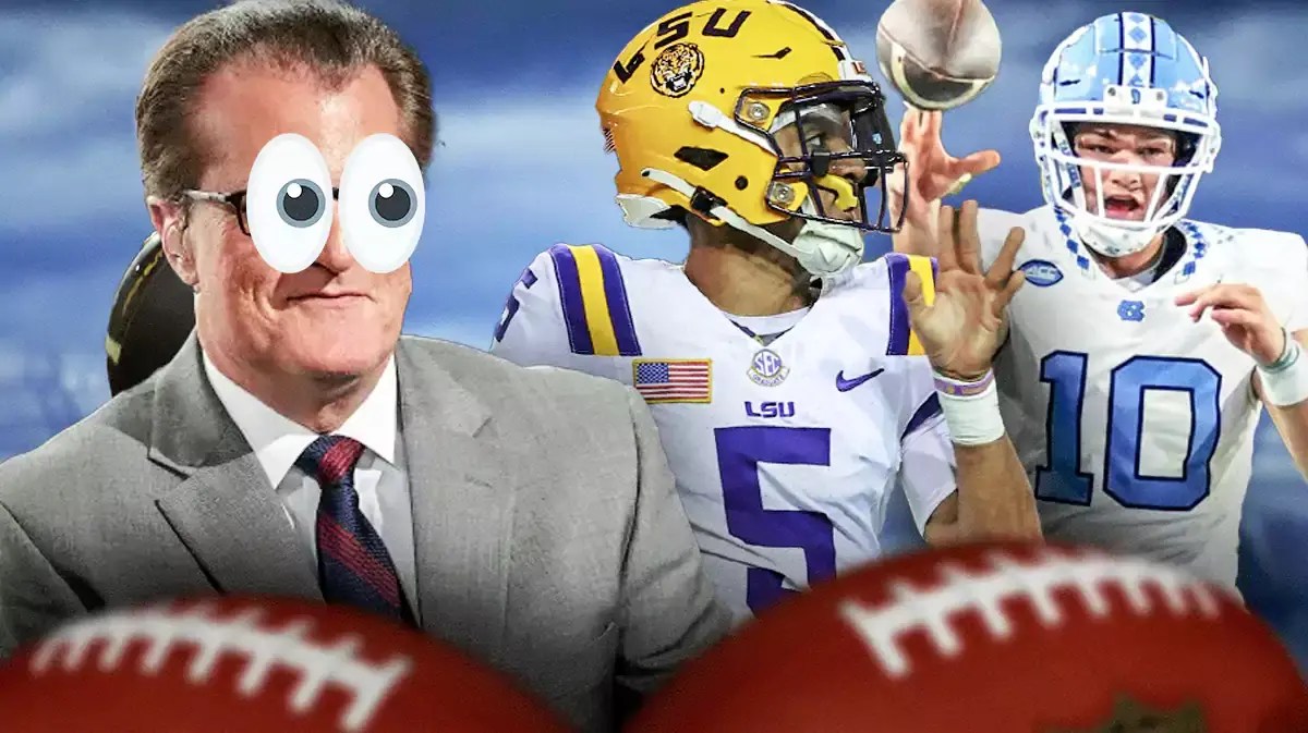 Mel Kiper with emoji eyes looking at LSU Jayden Daniels and North Carolina Drake Maye