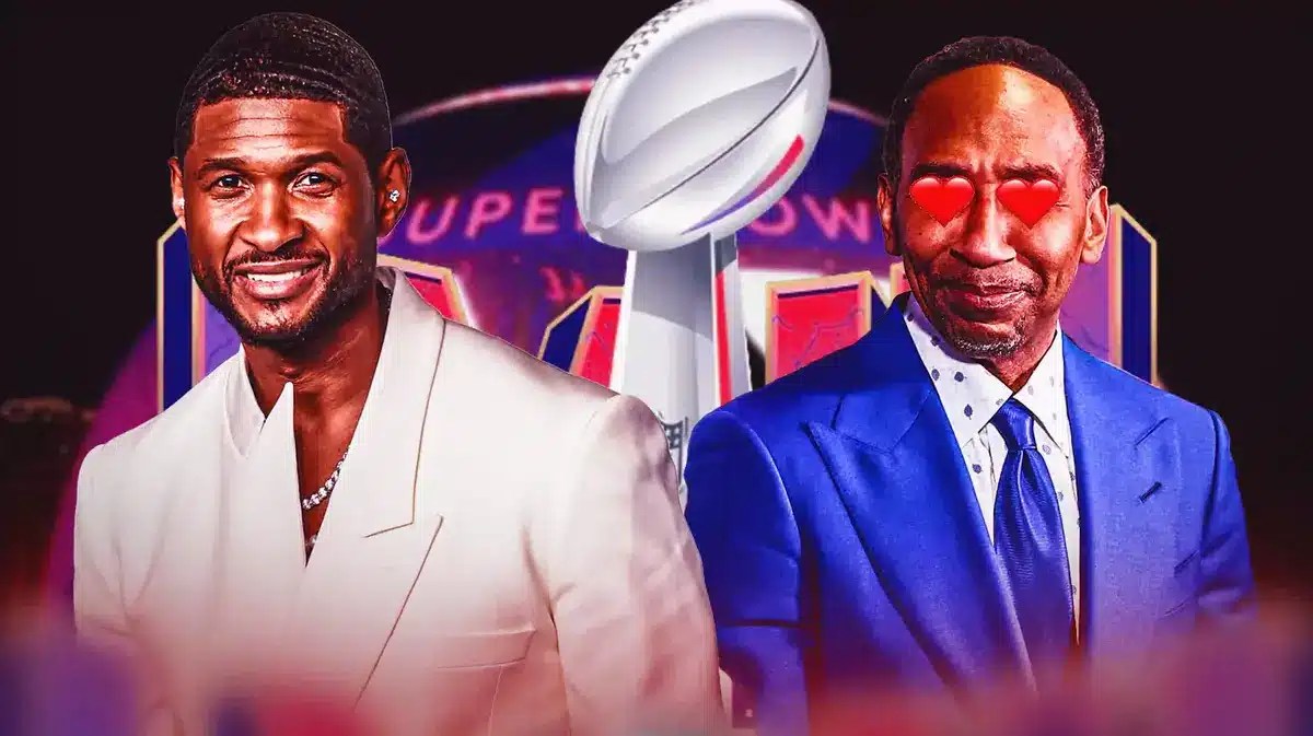 Stephen A. Smith with heart eyes looking at Usher. Super Bowl 58 logo in background
