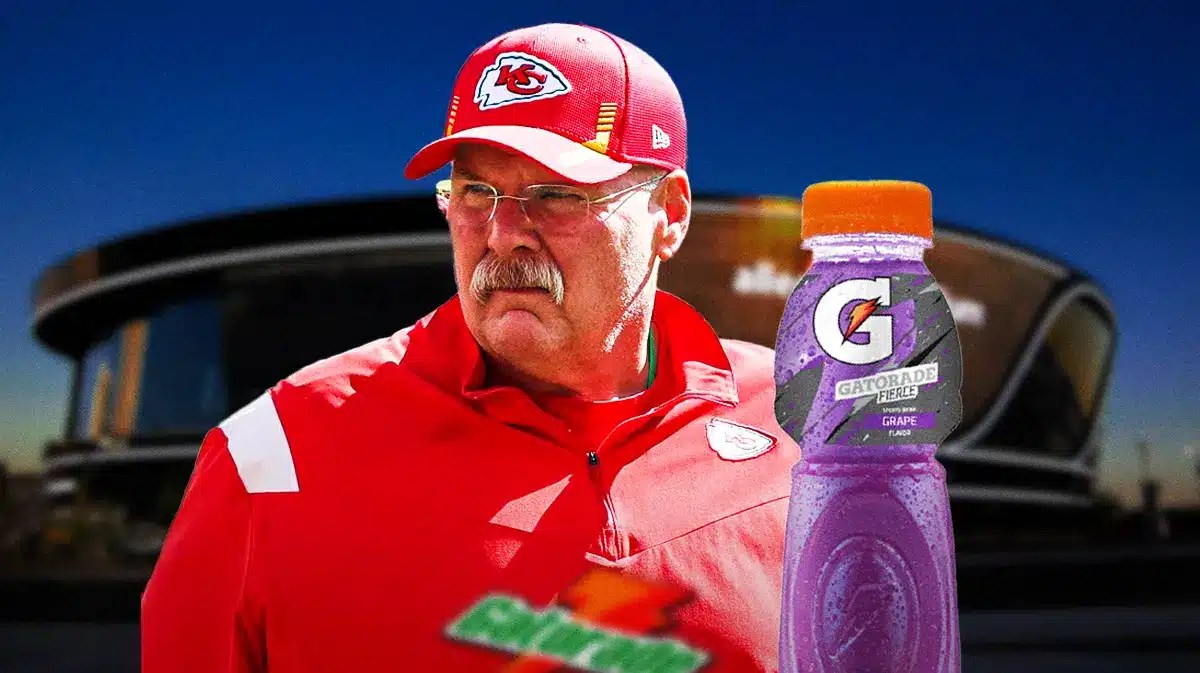 Gatorade, Andy Reid, Chiefs, Super Bowl, Purple Gatorade, Andy Reid and a purple Gatorade with Allegiant Stadium in the background