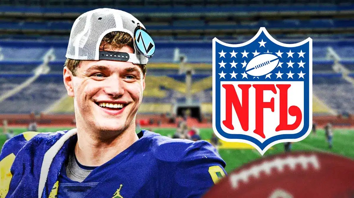 JJ McCarthy, NFL Draft, Michigan football, Wolverines, JJ McCarthy NFL Draft, JJ McCarthy in Michigan uni and NFL logo with Michigan football stadium in the background