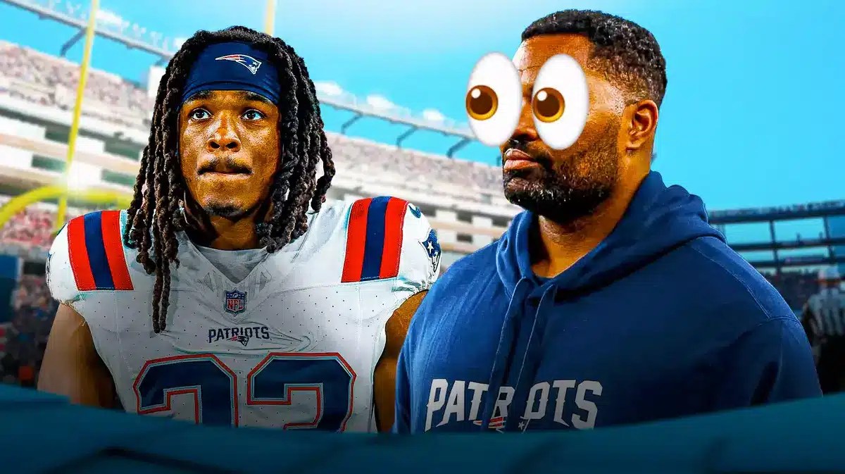 Jerod Mayo with emoji eyes in his eyes looking at Patriots Kyle Dugger