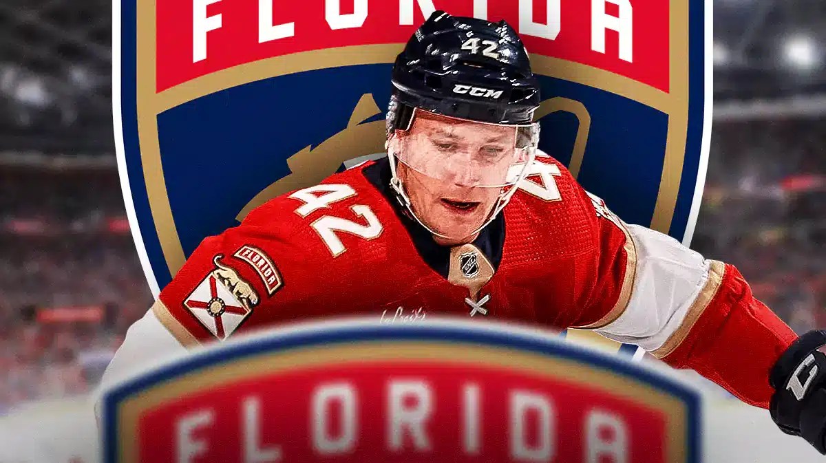 Panthers' Gustav Forsling skating on the ice.