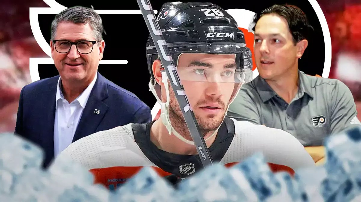 Sean Walker in middle of image looking hopeful, Danny Briere and Keith Jones on either side looking stern in a suit, PHI Flyers logo, hockey rink in background
