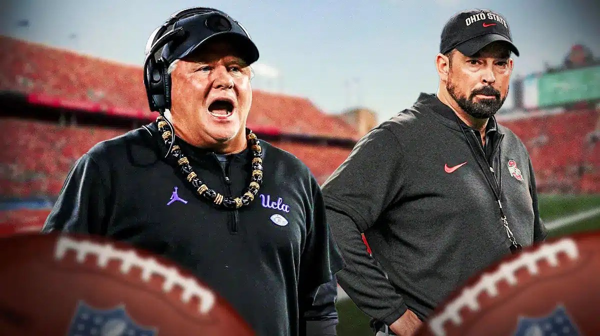 Ohio State football, Buckeyes, Ryan Day, Chip Kelly, UCLA football, Chip Kelly and Ryan Day with Ohio State football stadium in the background
