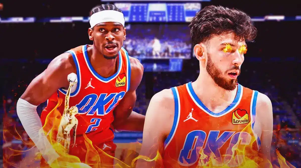 Thunder's Shai Gilgeous-Alexander holding MVP trophy. Chet Holmgren with fire in his eyes.