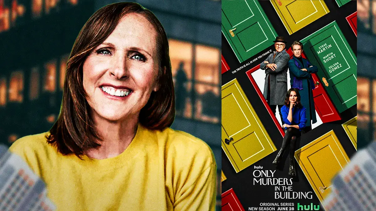 Pic of Molly Shannon alongside show poster for Only Murders in the Building