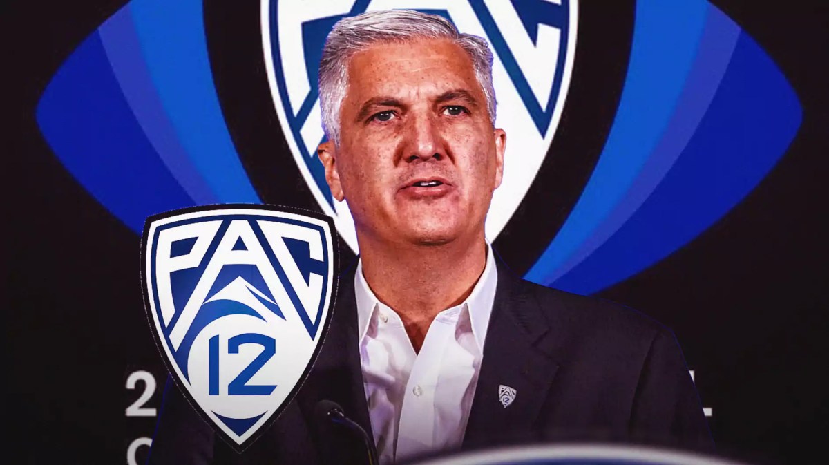 Pac-12, George Kliavkoff, Washington State, Oregon State, Pac-2, George Kliavkoff and Pac-12 logo with midfield Pac-12 title logo in the background