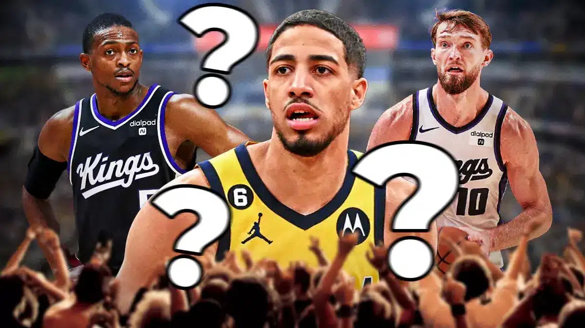 Tyrese Haliburton with question marks next to De'Aaron Fox and Domantas Sabonis
