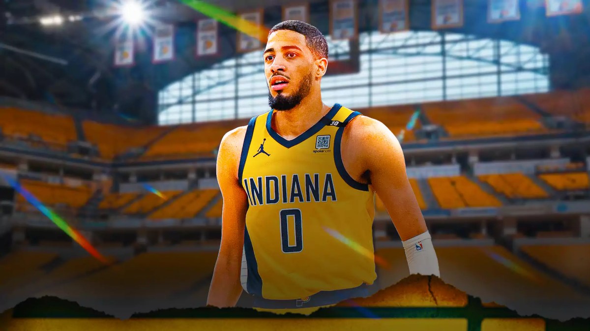 Tyrese Haliburton with the Pacers arena in the background